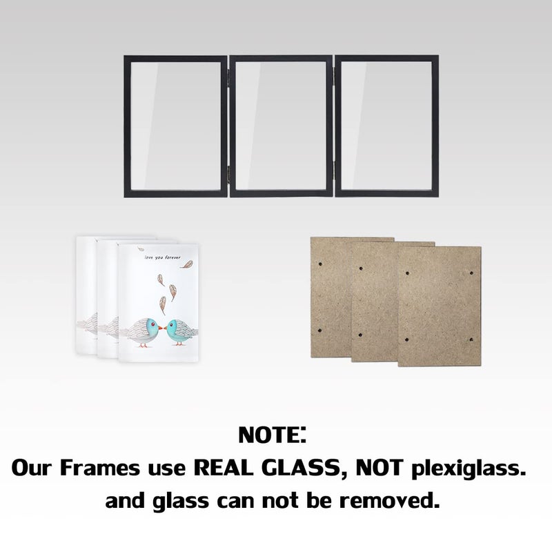 WUTL 3 Picture Frame 4x6 Black Triple Hinged MDF Wood with Glass Front Three Opening Photo Frame Stand Vertical on Tabletop - Image 2